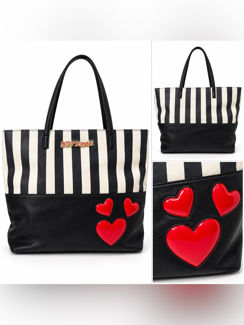 Betsey Johnson Black & White Striped Red Hearts Tote Bag